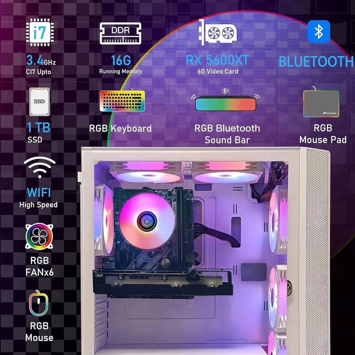 Gaming Desktop PC, Intel Core i7, 16G RAM, 1T SSD, Radeon RX 5600 XT K44001