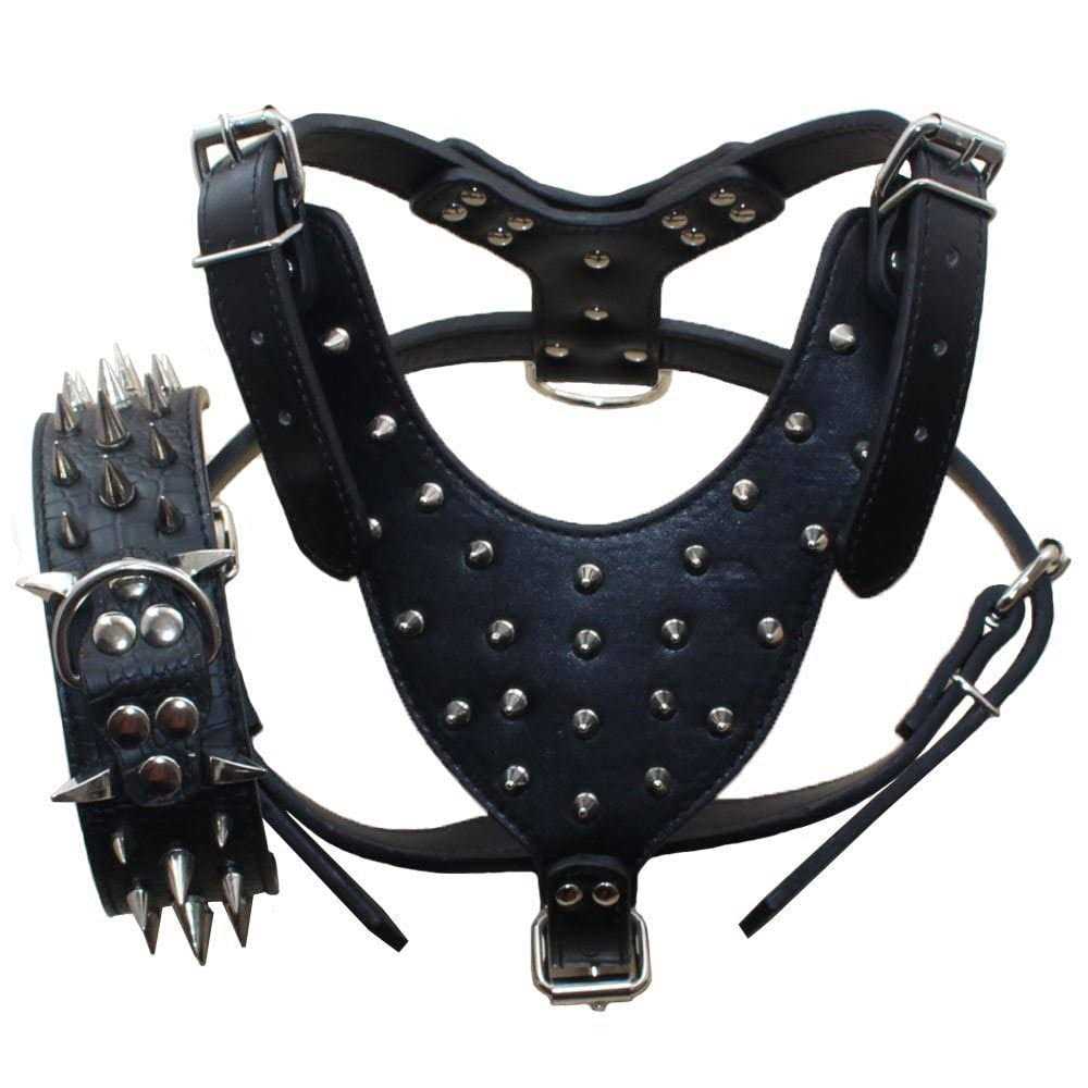 Leather Spiked Studded Dog Collars Harnesses Matching Set V1033