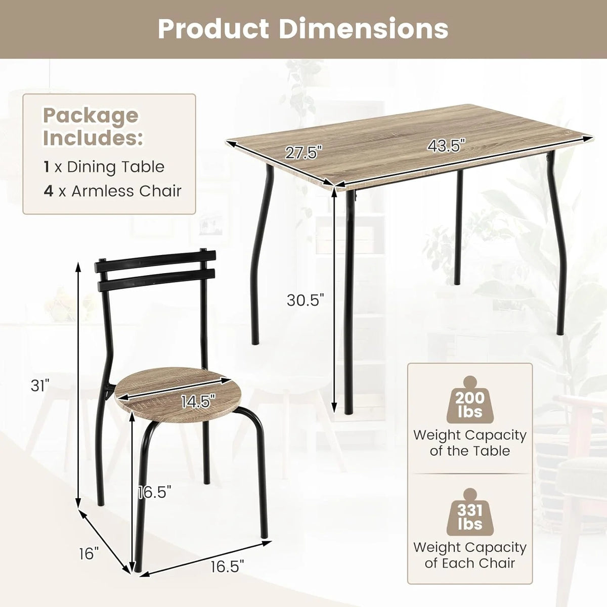 5-Piece Modern Dining Table Set with 4 Chairs G80631
