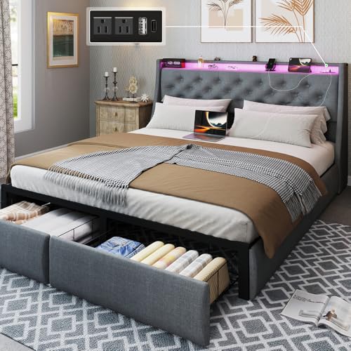 Queen Size Metal Platform Bed Frame with Storage Headboard and 4 Drawer E240