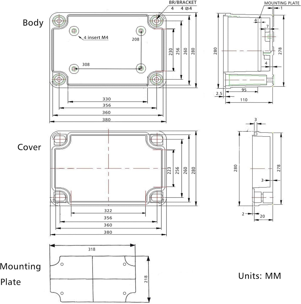 Junction Box with Mounting Plate 380x280x130mm ABS Plastic IP67 Waterproof Dustproof Enclosure Grey O742