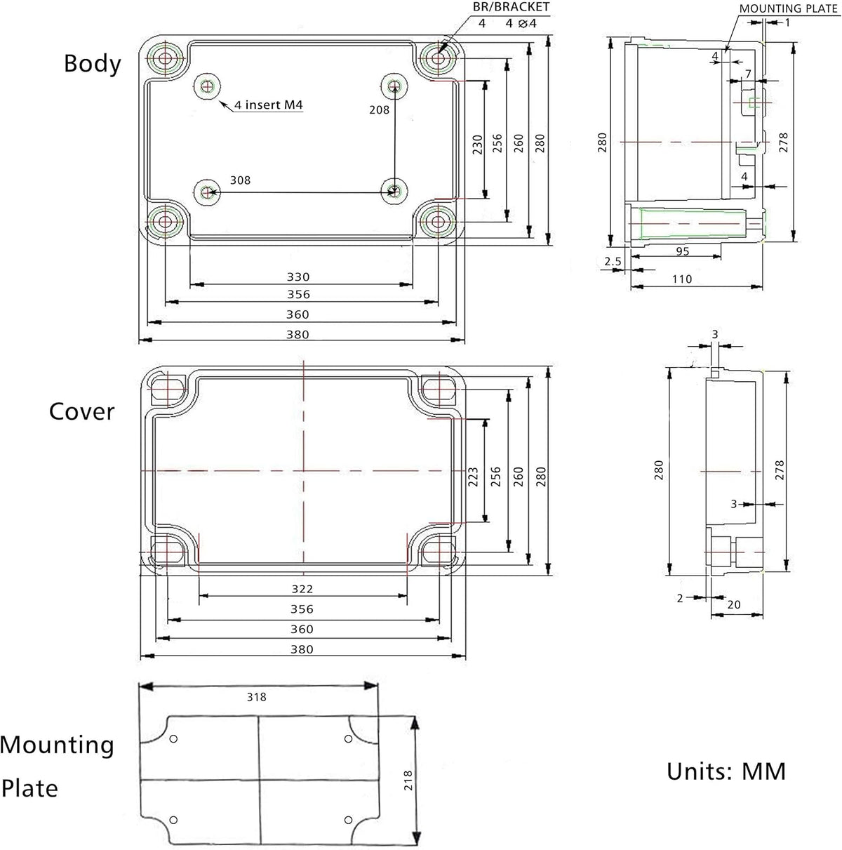 Junction Box with Mounting Plate 380x280x130mm ABS Plastic IP67 Waterproof Dustproof Enclosure Grey O742