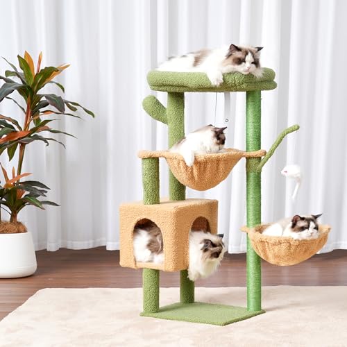 39.4 Inches Cat Tree with Scratching Post, Sisal Pole, Soft Platform, 2 Baskets and Dangling Toy H5220