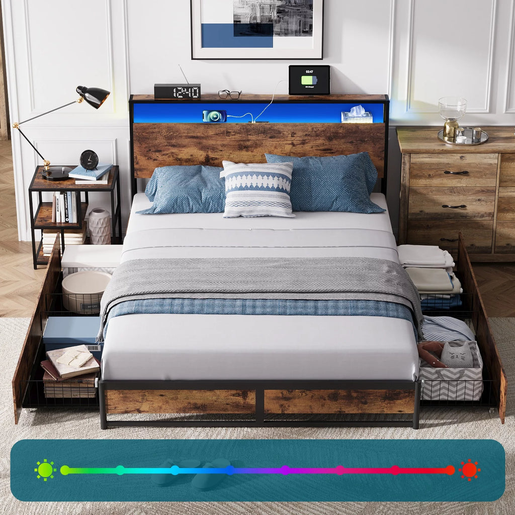 Full Size Platform Bed Frame with Storage Headboard and 4 Storage Drawers U469