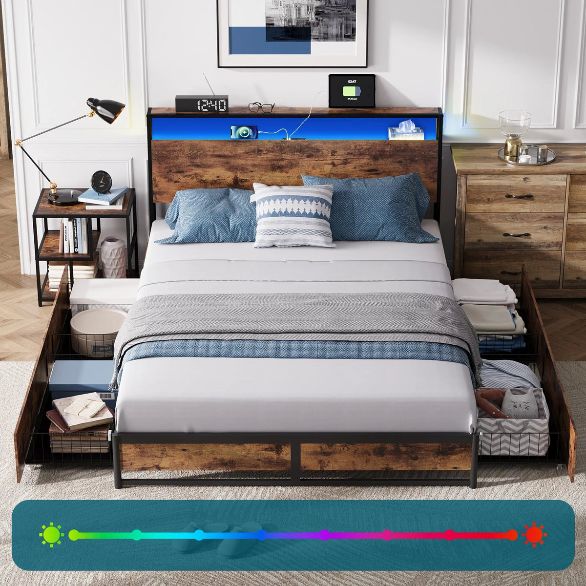 Full Size Platform Bed Frame with Storage Headboard and 4 Storage Drawers U469