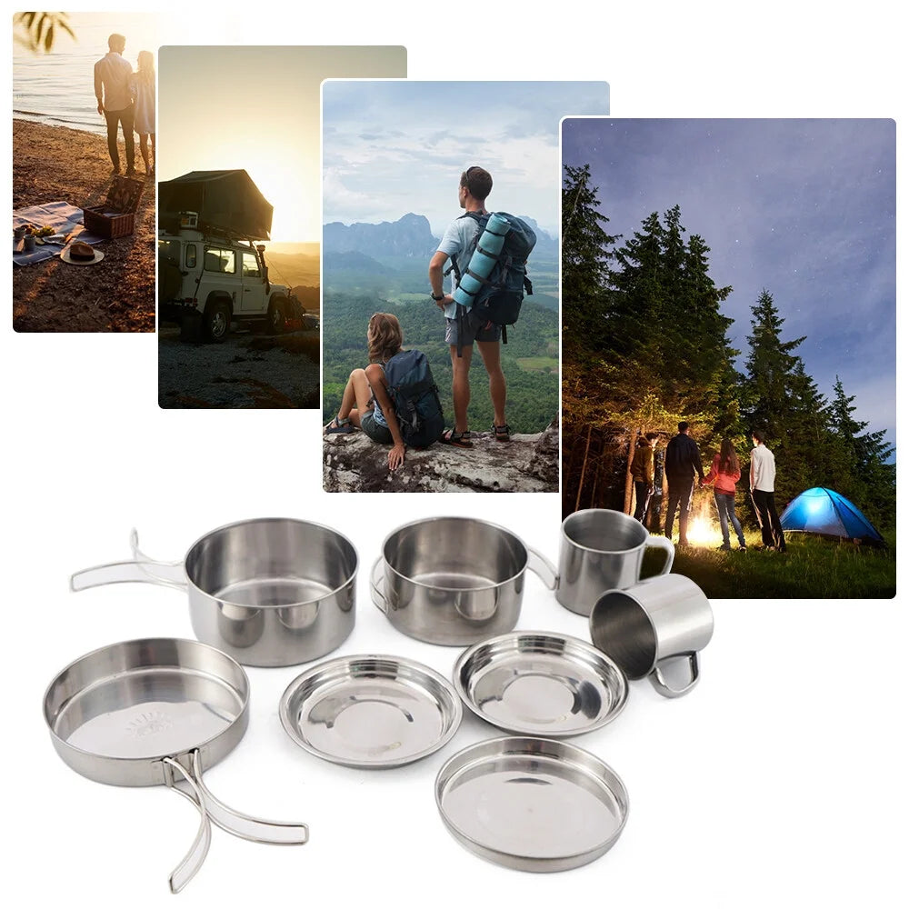 Stainless Steel Camping Cookware Mess Kit 8PCS with Plates Cups D507