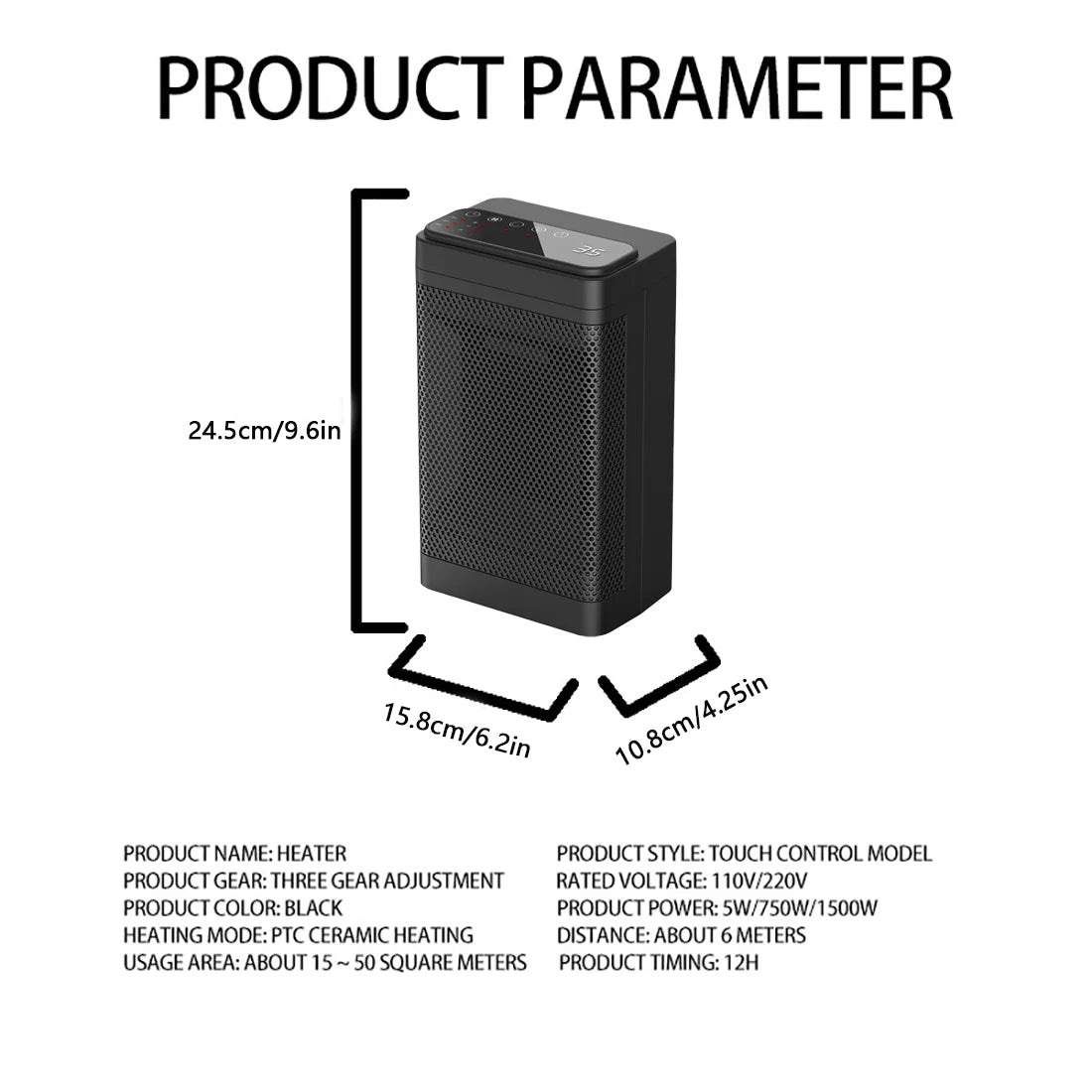 1500W Portable Electric Heater with Thermostat, Timer and Remote J12576