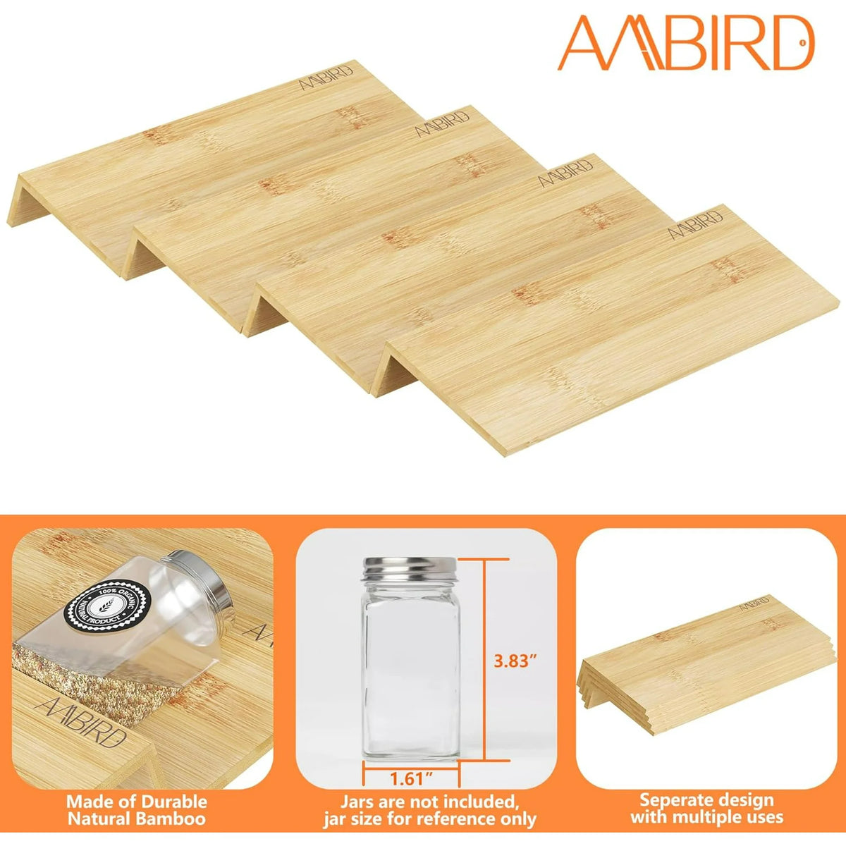 Bamboo 4 Tier Spice Drawer Organizer with Non-slip Mat, 2 Set I456