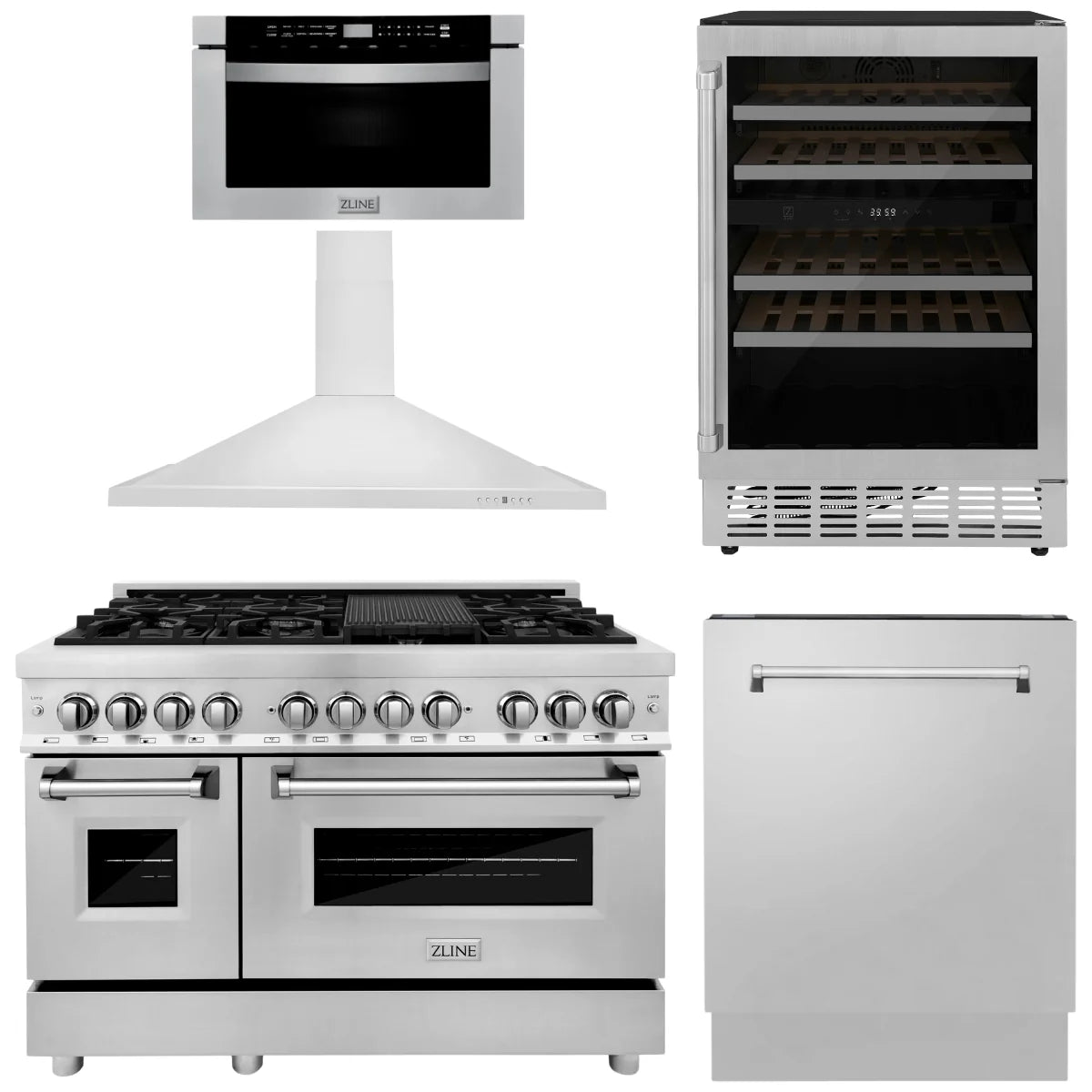 48 Dual Fuel Range, Range Hood, Microwave Drawer, Dishwasher and Wine Cooler Z86766