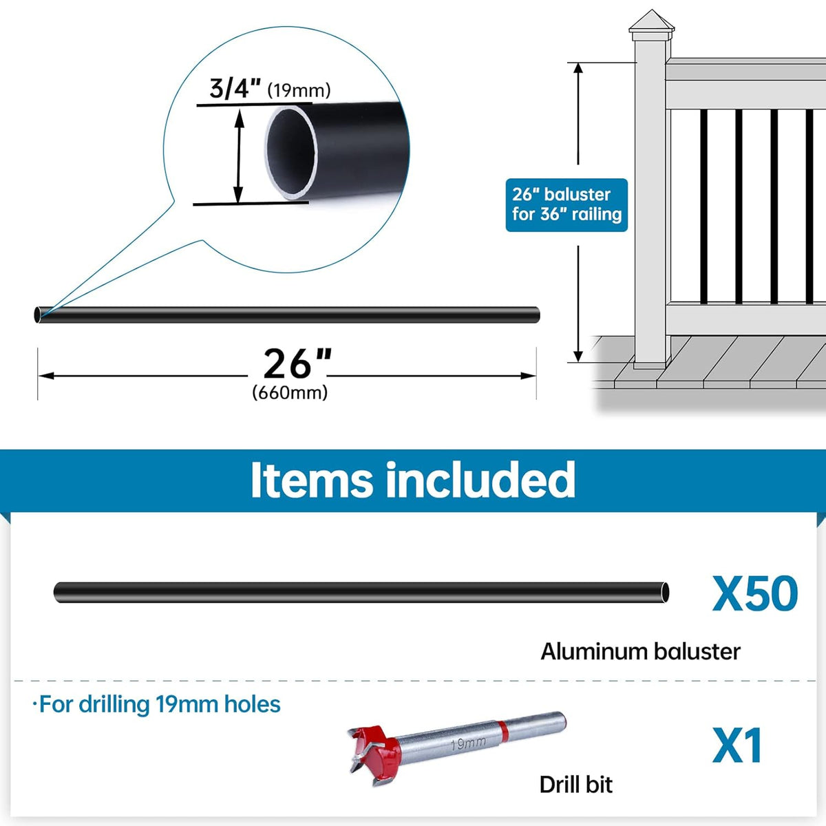 50 Pack 26" x 3/4" Aluminum Deck Balusters U110