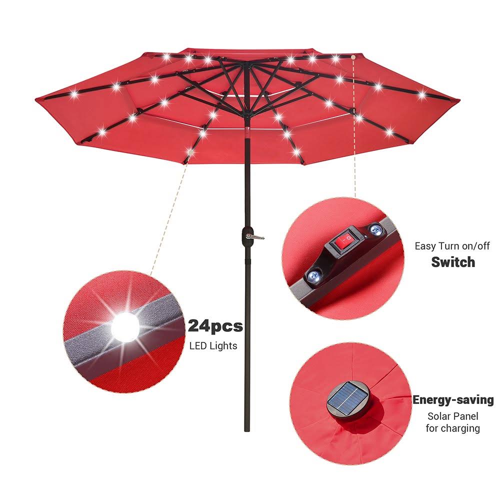 Flame Scarlet 9ft Prelit 3-Tiered Patio Umbrella with Lights P7387