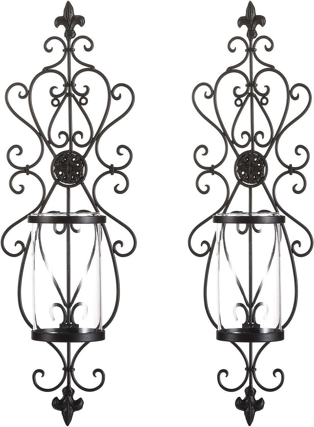 Set of 2 Antique Dark Brown Iron and Glass Wall Candle Sconces R2466