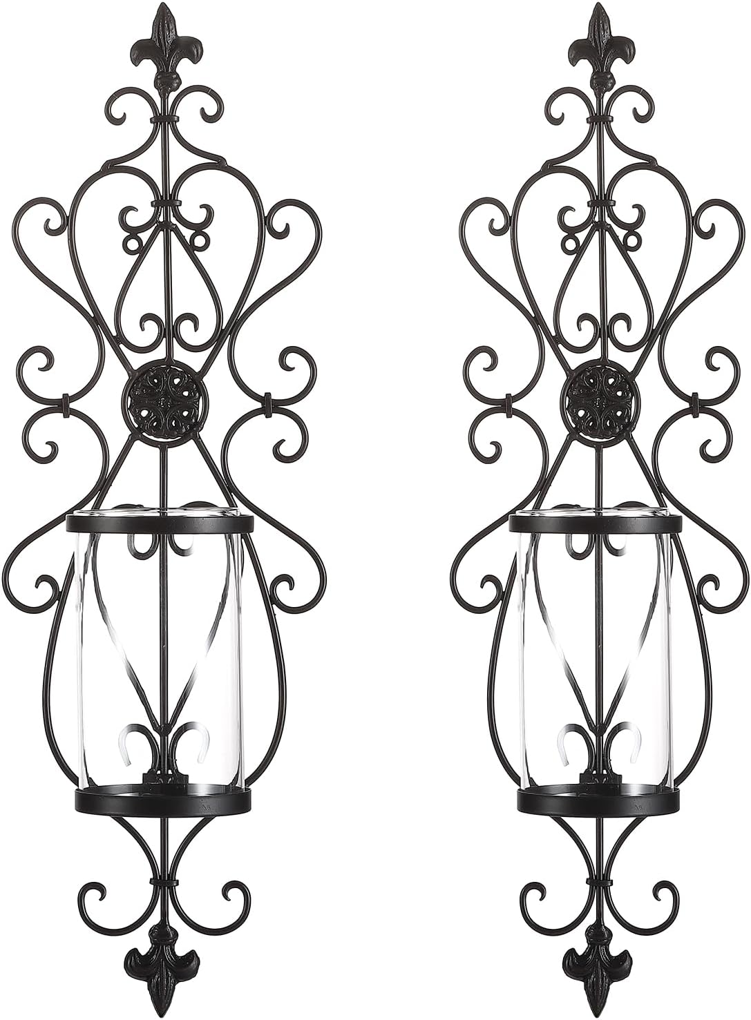 Set of 2 Antique Dark Brown Iron and Glass Wall Candle Sconces R2466