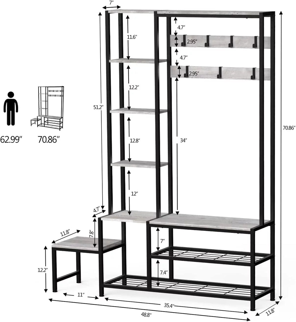 Hall Tree with Shoe Storage Bench, Coat Rack with 7 Hooks, 4 Tier Side Shelves S2982