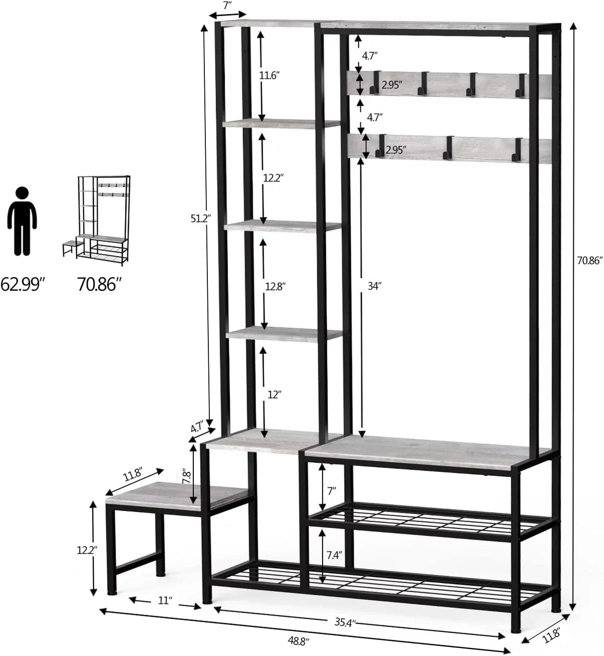 Hall Tree with Shoe Storage Bench, Coat Rack with 7 Hooks, 4 Tier Side Shelves S2982
