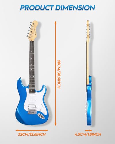 39" Full Size Electric Guitar HSS Pick Up with 10W Amp, Bag, Digital Tuner, Capo, Strap, String, Cable, Picks M6362