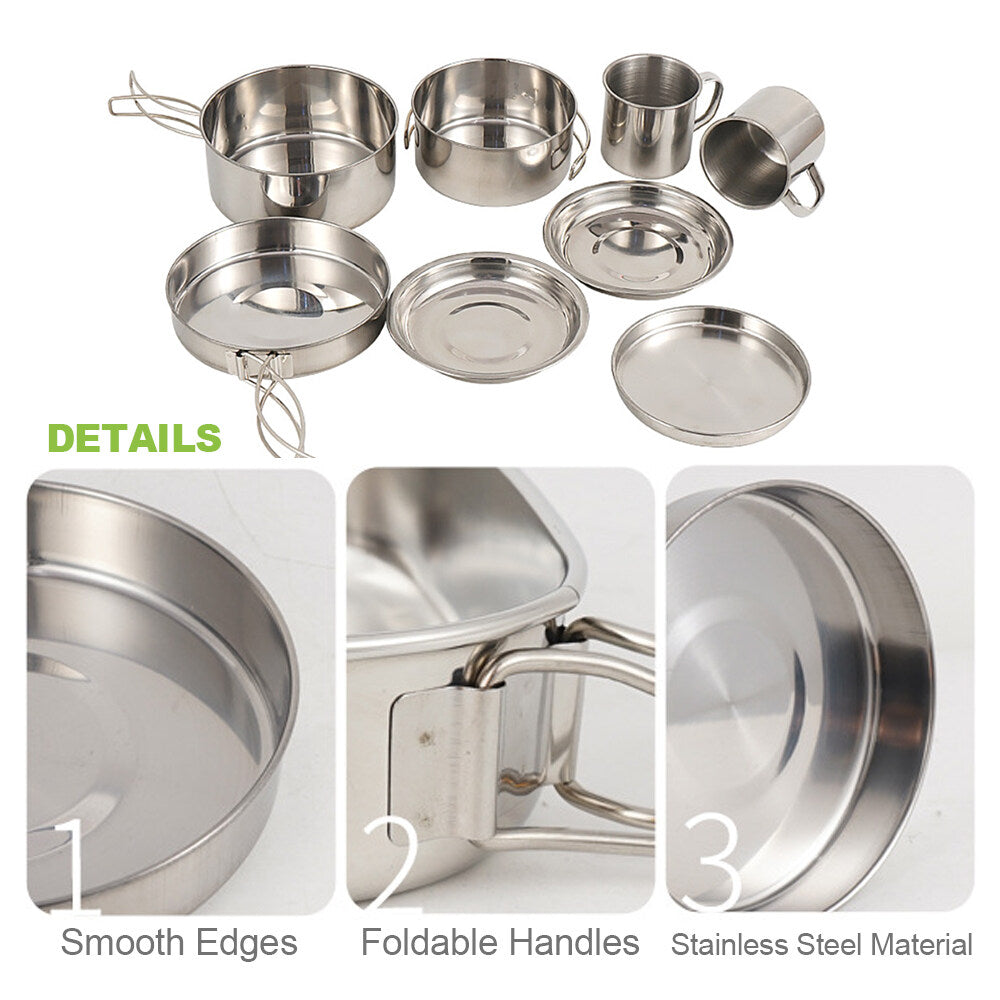Stainless Steel Camping Cookware Mess Kit 8PCS with Plates Cups D507