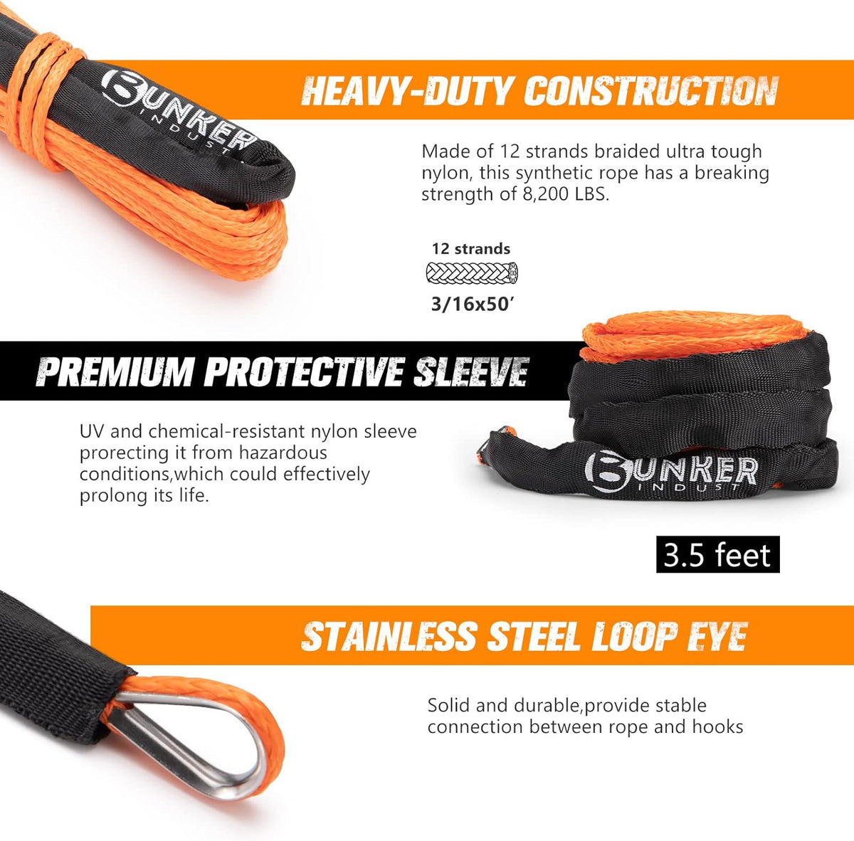 Synthetic Winch Rope Kit 3/16 x 50' 8200 LBS Orange Pack of 2 K31613