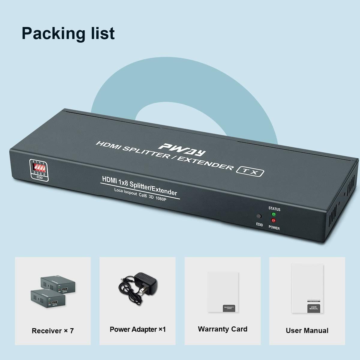 HDMI Extender Splitter 1x7 7 Port Over CAT5E/CAT6/CAT7 Ethernet Cable with HDMI Loop Out & POC Function & EDID Management, Up to 50m at 1080p 60Hz H617