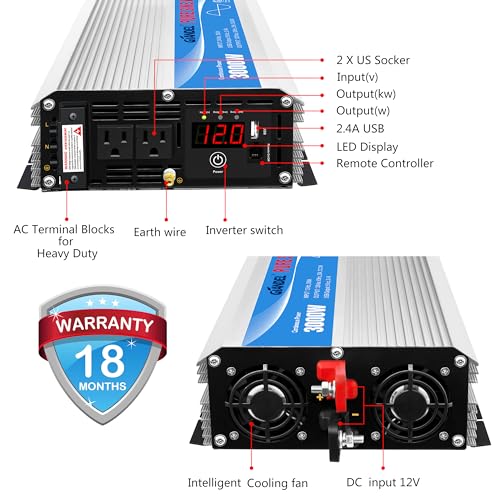 2200W Pure Sine Wave Power Inverter 12V DC to 110V 120V AC with Dual AC Outlets M74524
