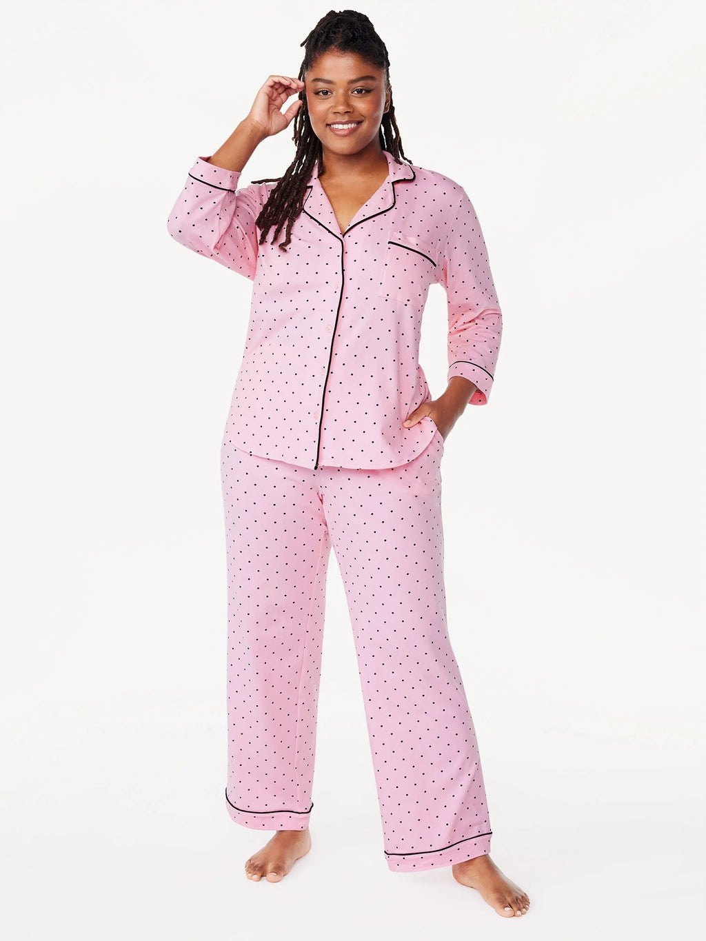 Women's Knit Notch Collar Top and Pants Pajama Set, 2-Piece F575085