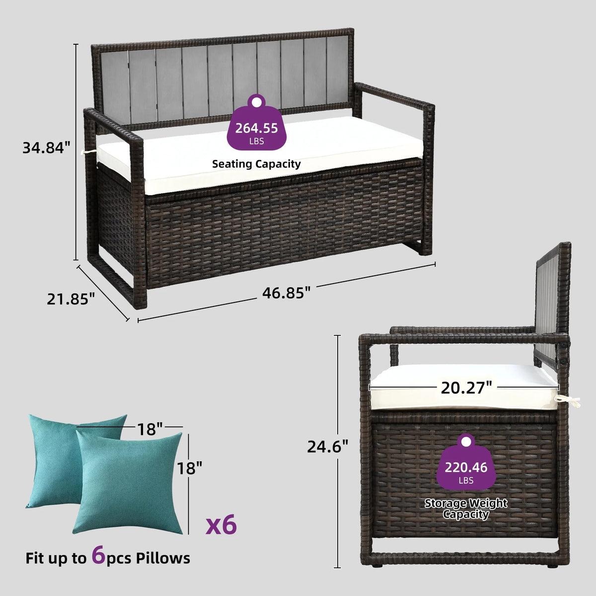 70 Gallon PE Rattan Storage Bench Deck Box with Cushions V1450