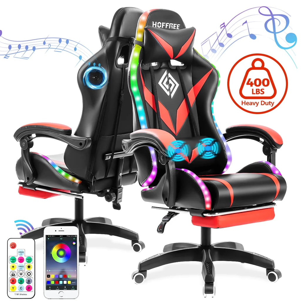 Gaming Chair with Speakers PU Leather Footrest LED Lights K38078