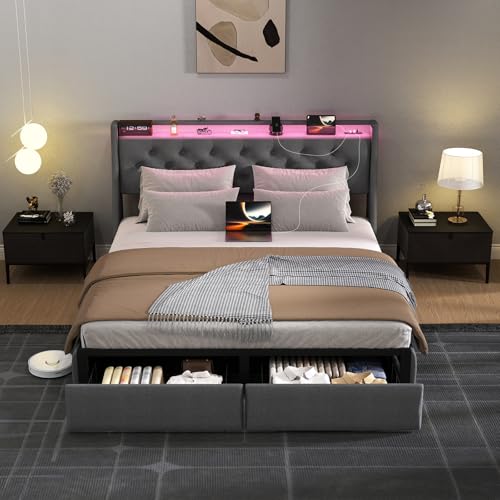 Queen Size Metal Platform Bed Frame with Storage Headboard and 4 Drawer E240