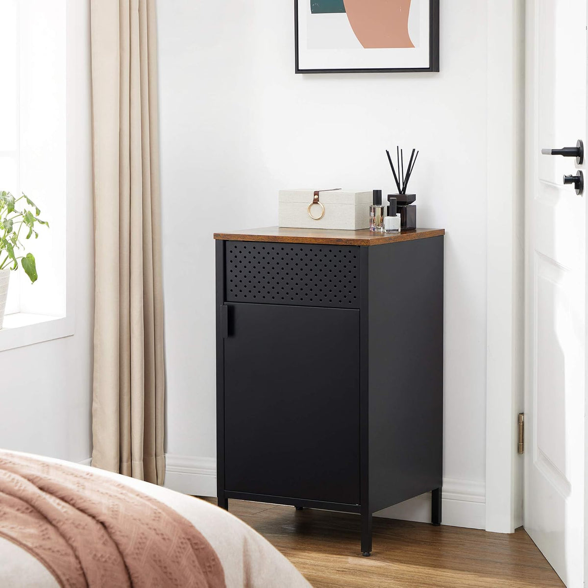 Rustic Brown and Black Nightstand with Door P378387
