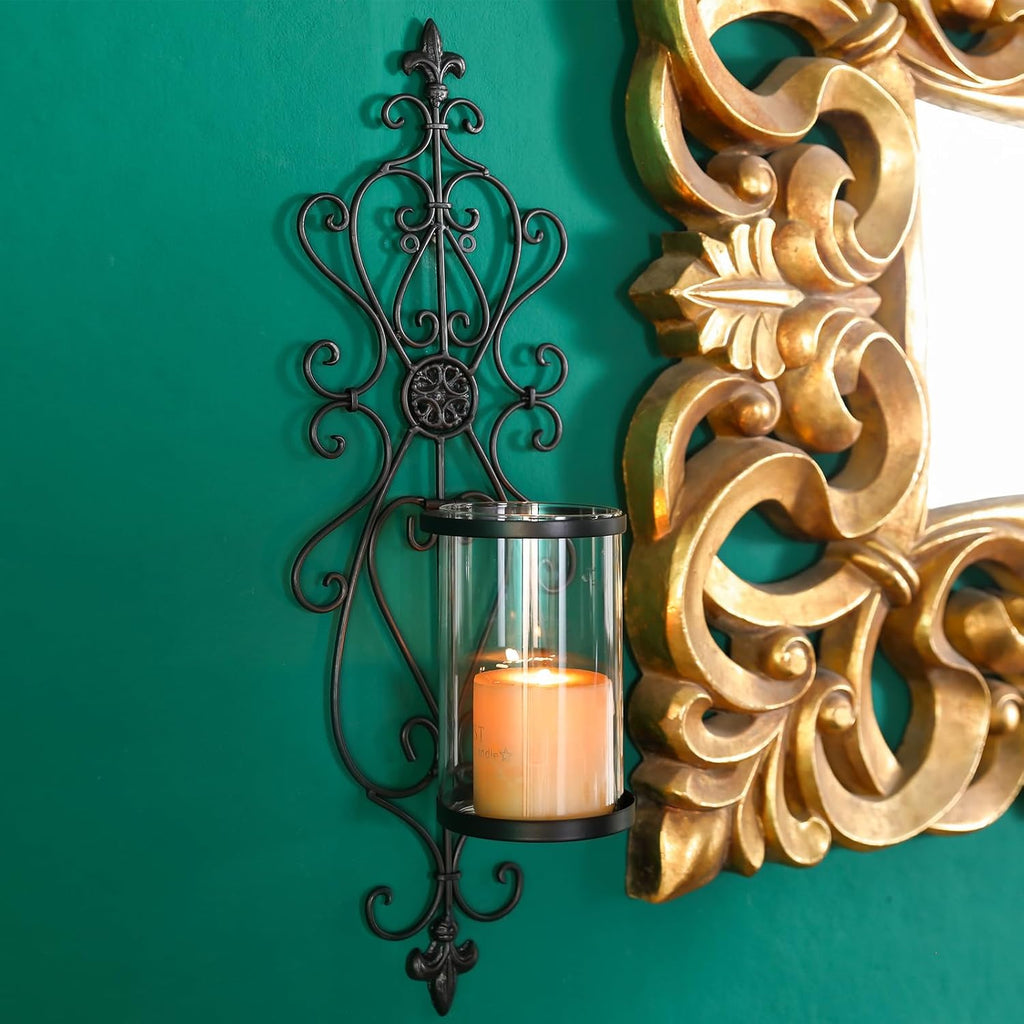Set of 2 Antique Dark Brown Iron and Glass Wall Candle Sconces R2466