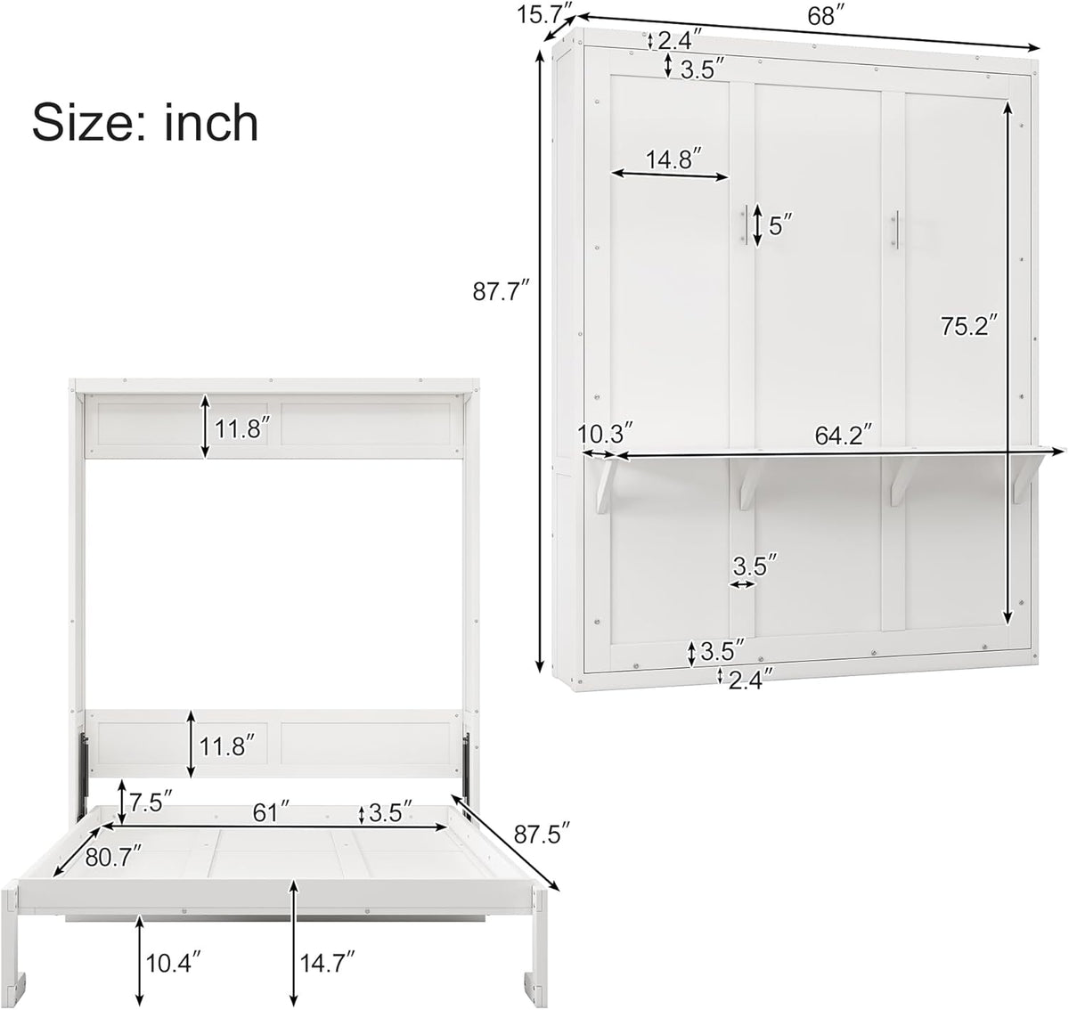 White Queen Size Solid Pine Murphy Bed with Desk and Storage Cabinet H528