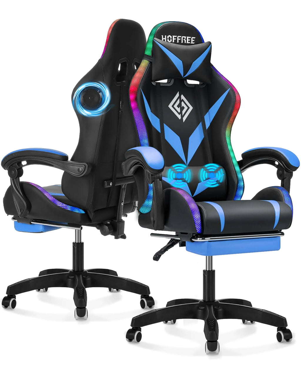 Gaming Chair with Speakers PU Leather Footrest LED Lights K38078