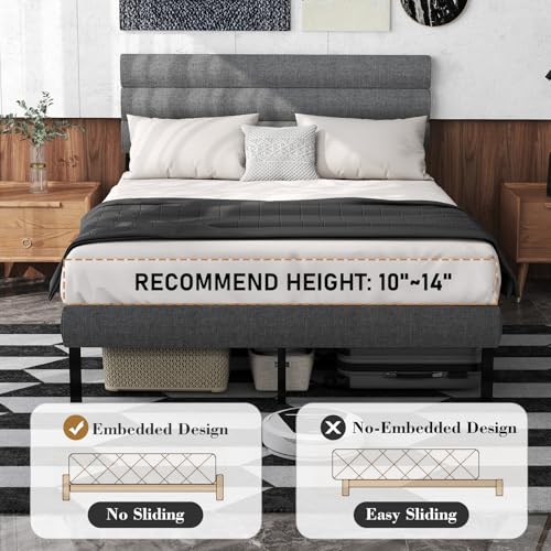 Grey Linen Upholstered Full Size Metal Platform Bed Frame V23470