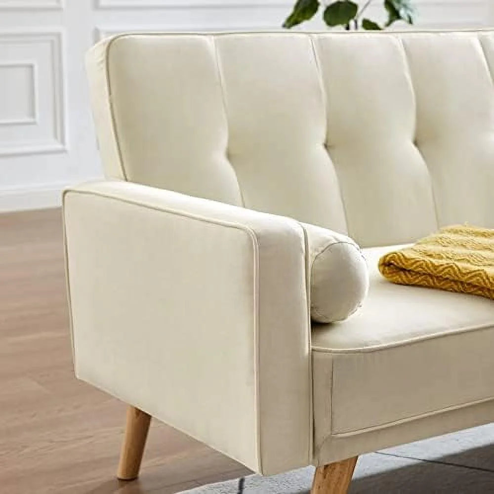Modern Fabric Sofa Bed Futon Convertible Sleeper Loveseat with 2 Pillows and Armrests 75" Folding Recliner Couch Bed with Solid Wood Legs T84613