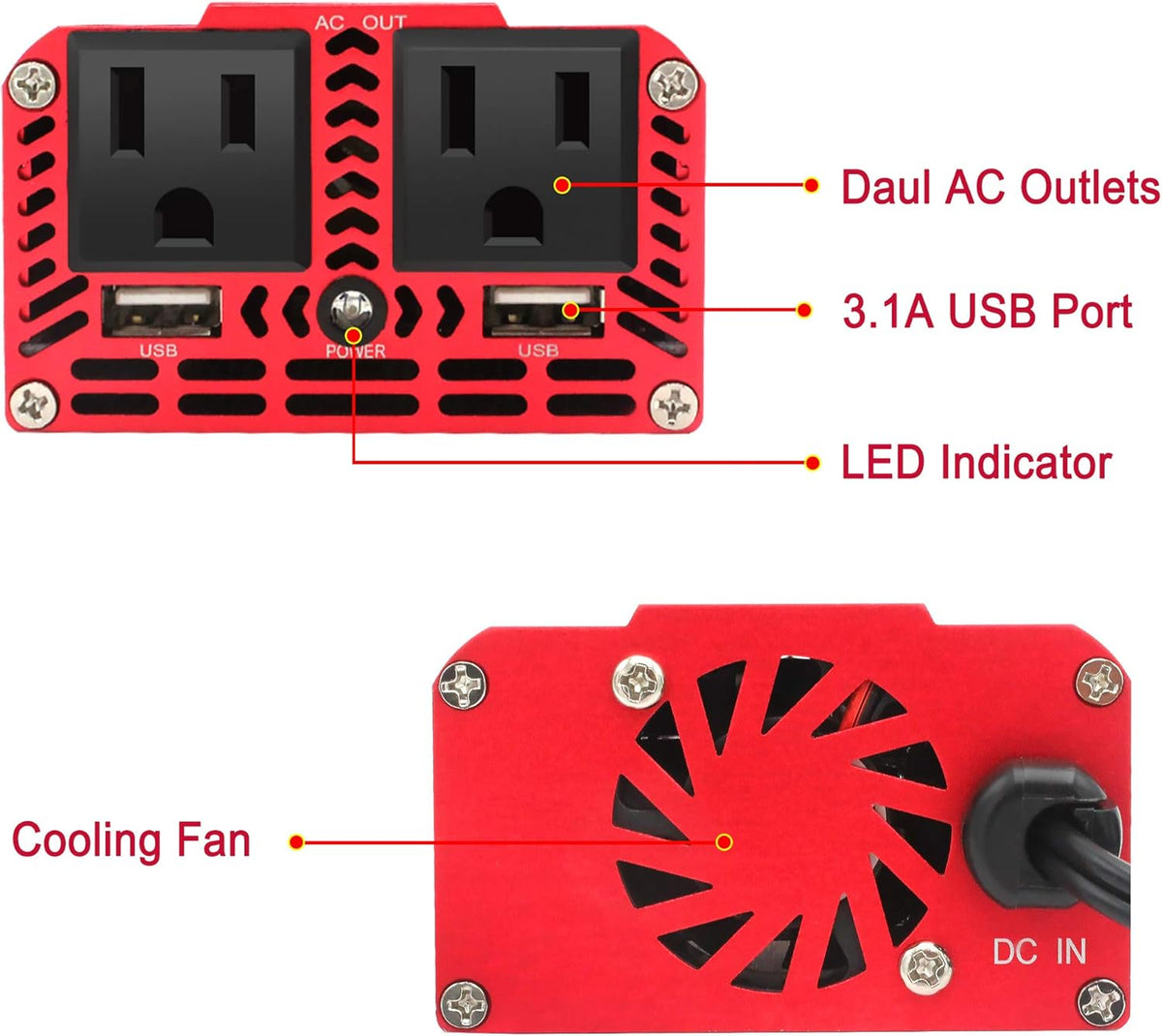 150W Car Power Inverter DC 12V to 110V AC with Dual USB Charger F300
