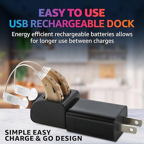 Black Rechargeable BTE Hearing Amplifier Pair with USB Dock R66877