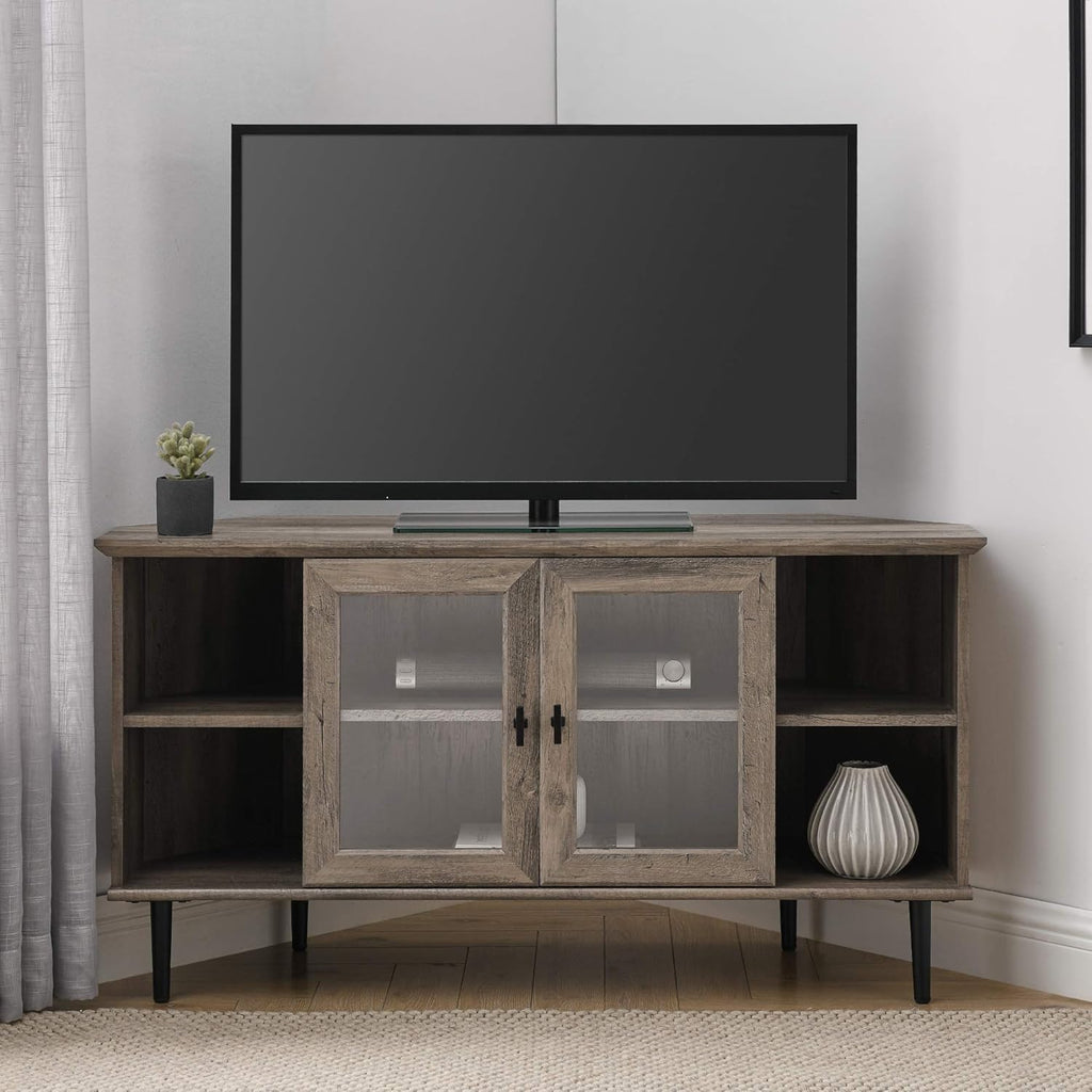 Dark Walnut 48 Inch Wood Corner TV Stand with Glass Cabinet Doors Q43106