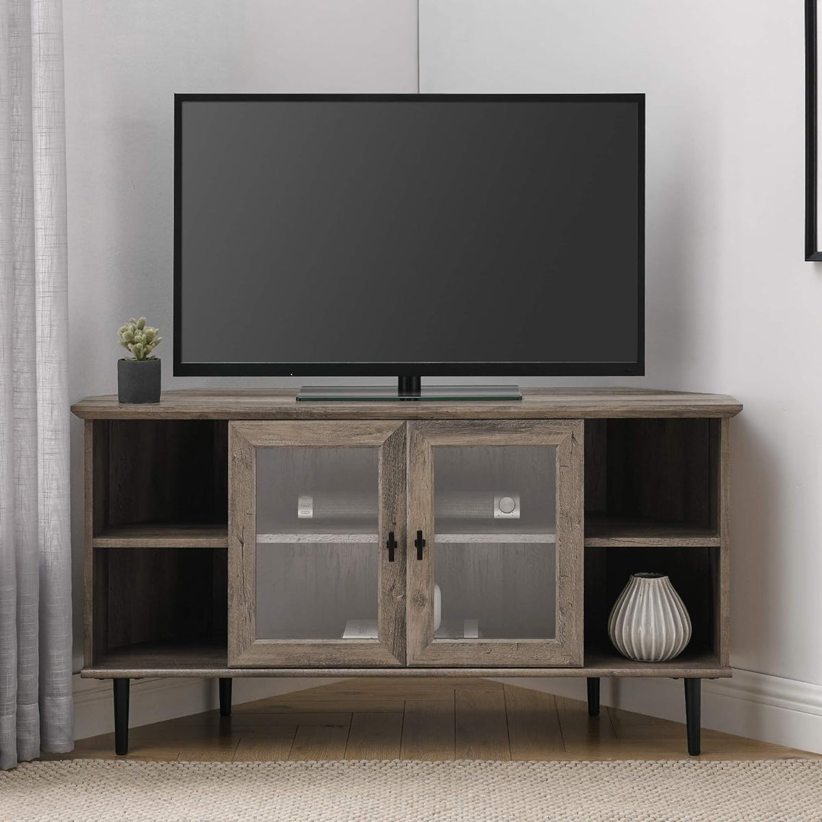 Dark Walnut 48 Inch Wood Corner TV Stand with Glass Cabinet Doors Q43106