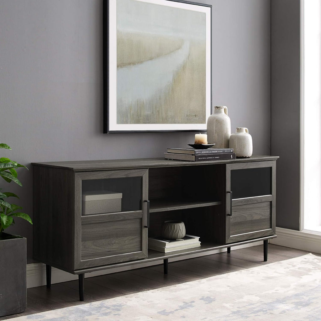 Dark Walnut 48 Inch Wood Corner TV Stand with Glass Cabinet Doors Q43106