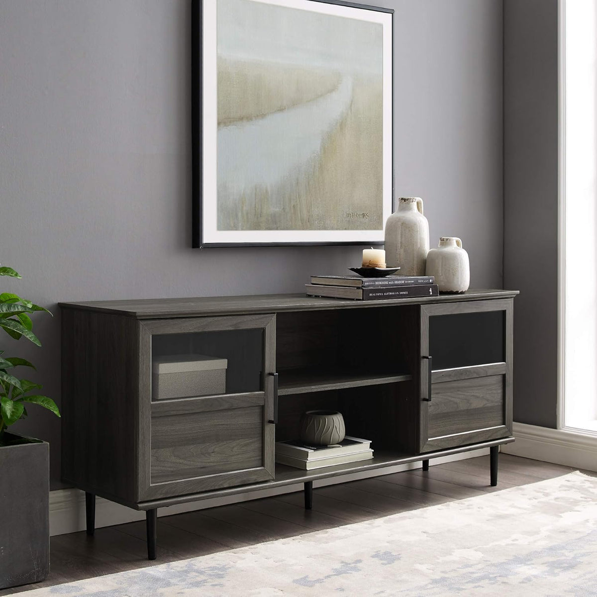 Dark Walnut 48 Inch Wood Corner TV Stand with Glass Cabinet Doors Q43106