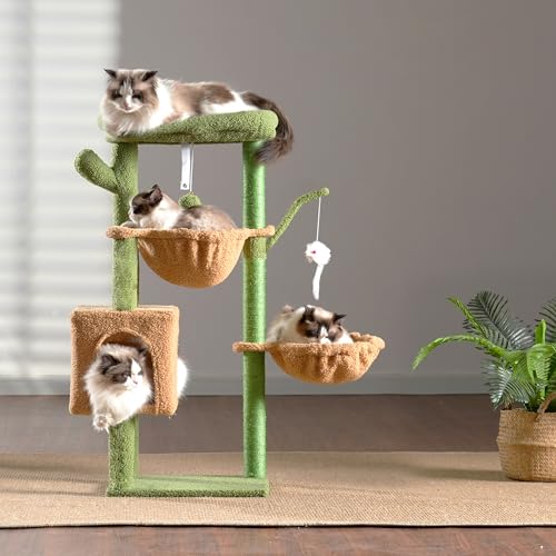 39.4 Inches Cat Tree with Scratching Post, Sisal Pole, Soft Platform, 2 Baskets and Dangling Toy H5220