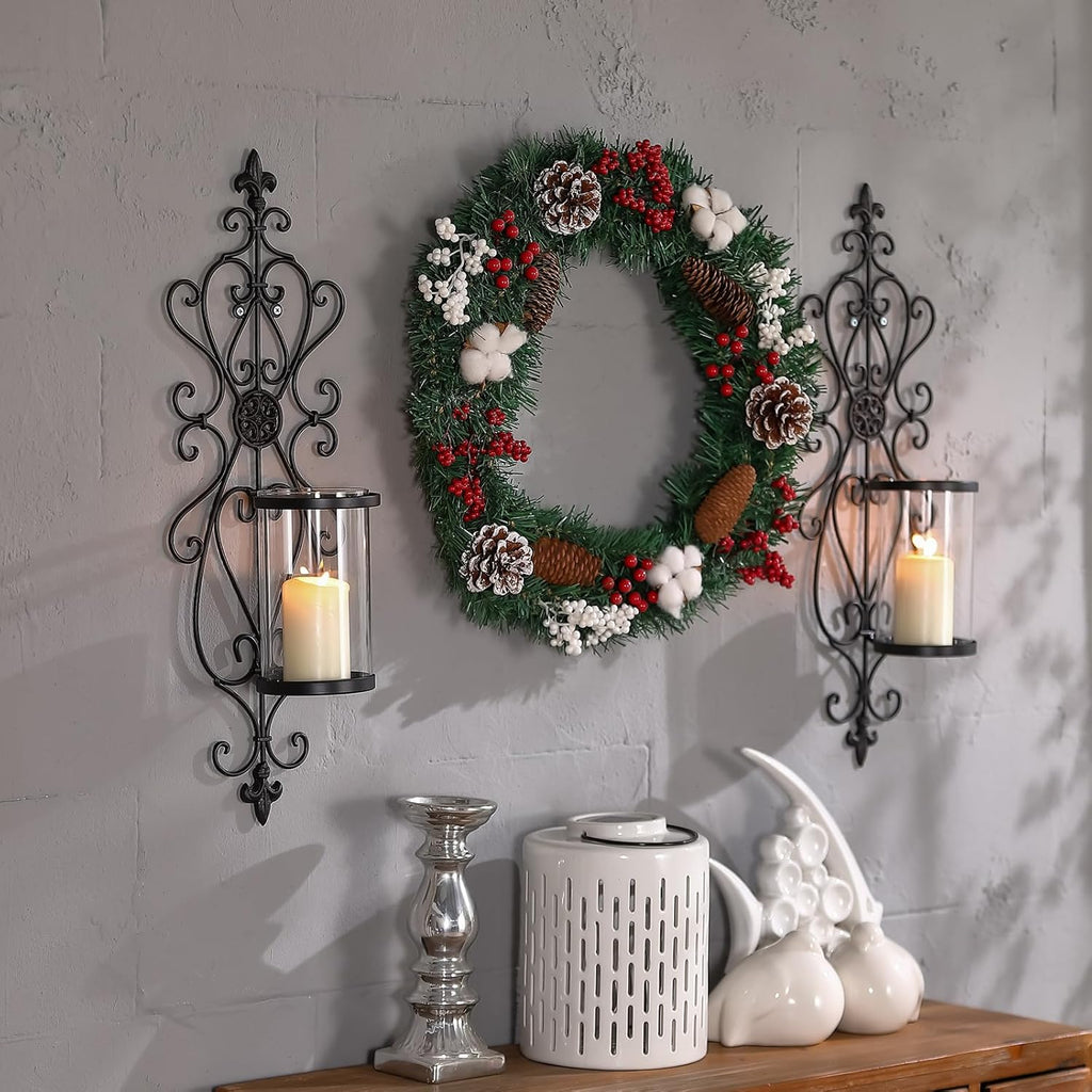 Set of 2 Antique Dark Brown Iron and Glass Wall Candle Sconces R2466