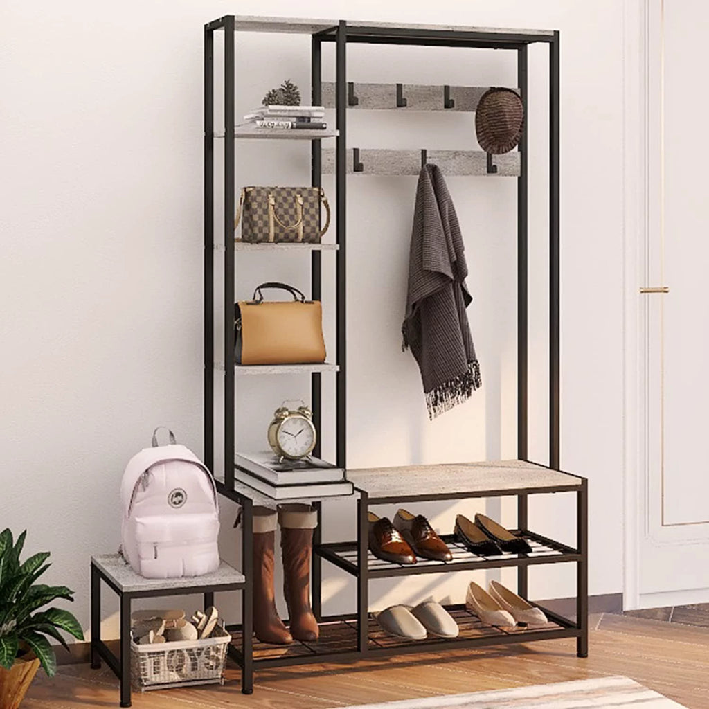 Hall Tree with Shoe Storage Bench, Coat Rack with 7 Hooks, 4 Tier Side Shelves S2982