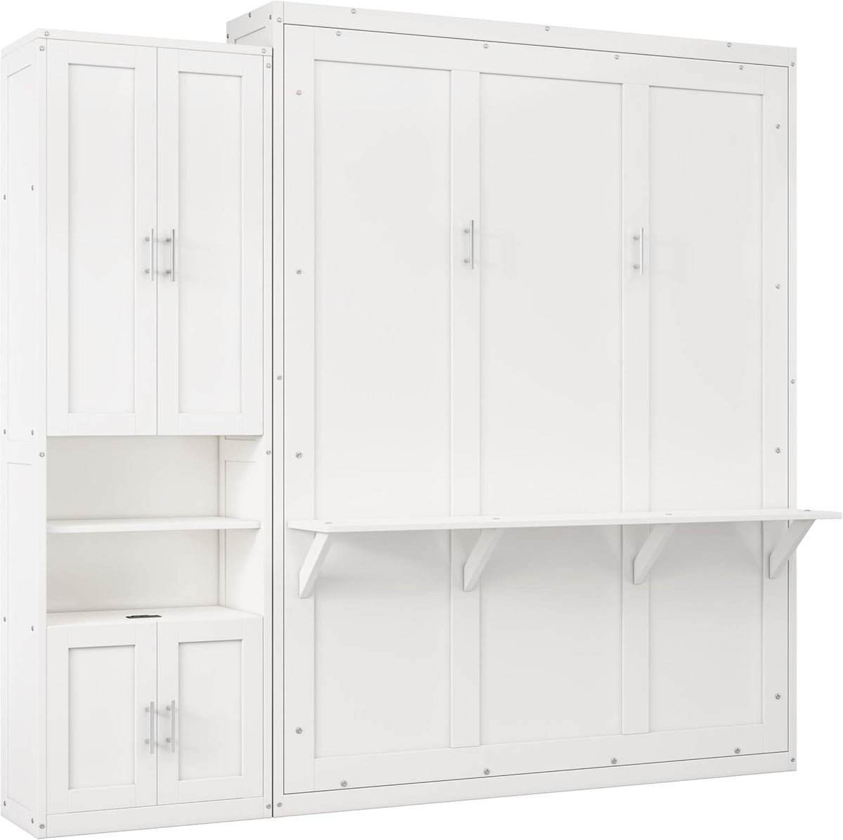 White Queen Size Solid Pine Murphy Bed with Desk and Storage Cabinet H528