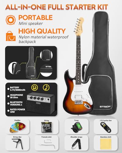 39" Full Size Electric Guitar HSS Pick Up with 10W Amp, Bag, Digital Tuner, Capo, Strap, String, Cable, Picks M6362