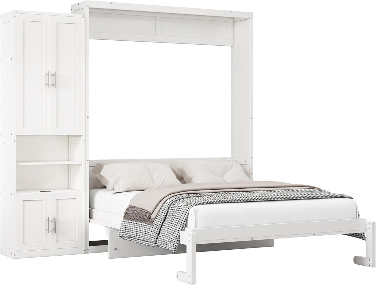 White Queen Size Solid Pine Murphy Bed with Desk and Storage Cabinet H528