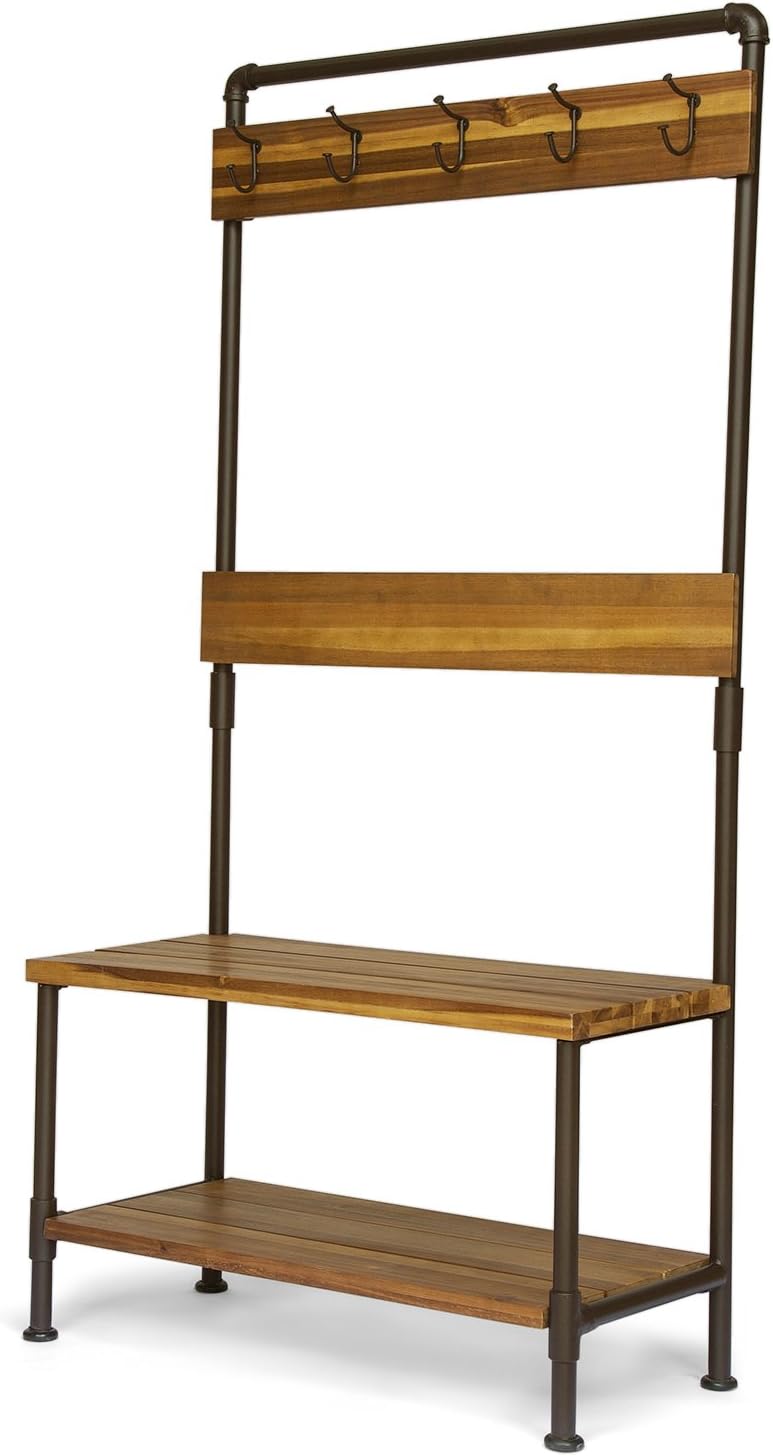 Acacia Wood Bench with Shelf and Coat Hooks U427953