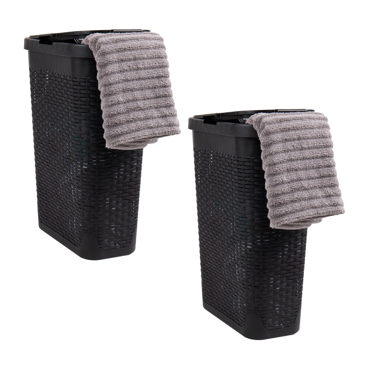 40L Slim Laundry Hamper, Clothes Basket with Lid, Plastic, Set of 2, Black K314