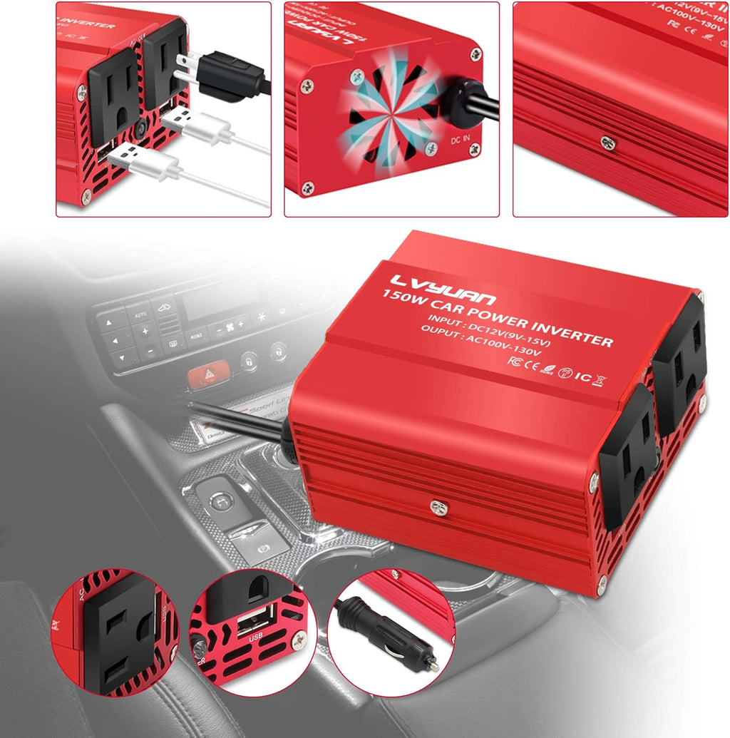 150W Car Power Inverter DC 12V to 110V AC with Dual USB Charger F300