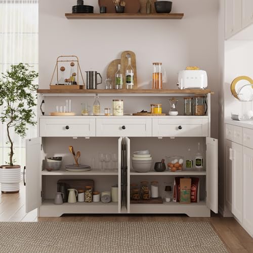 White Sideboard Buffet Cabinet with Drawers & Shelves D758